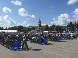 Bikes racked on Saturday, awaiging Sunday's race.  Aero, aero, everywhere -- not a road bike in sight.  